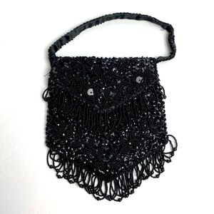 Vintage Mademoiselle Black Fringed Beaded Sequin Evening Handbag